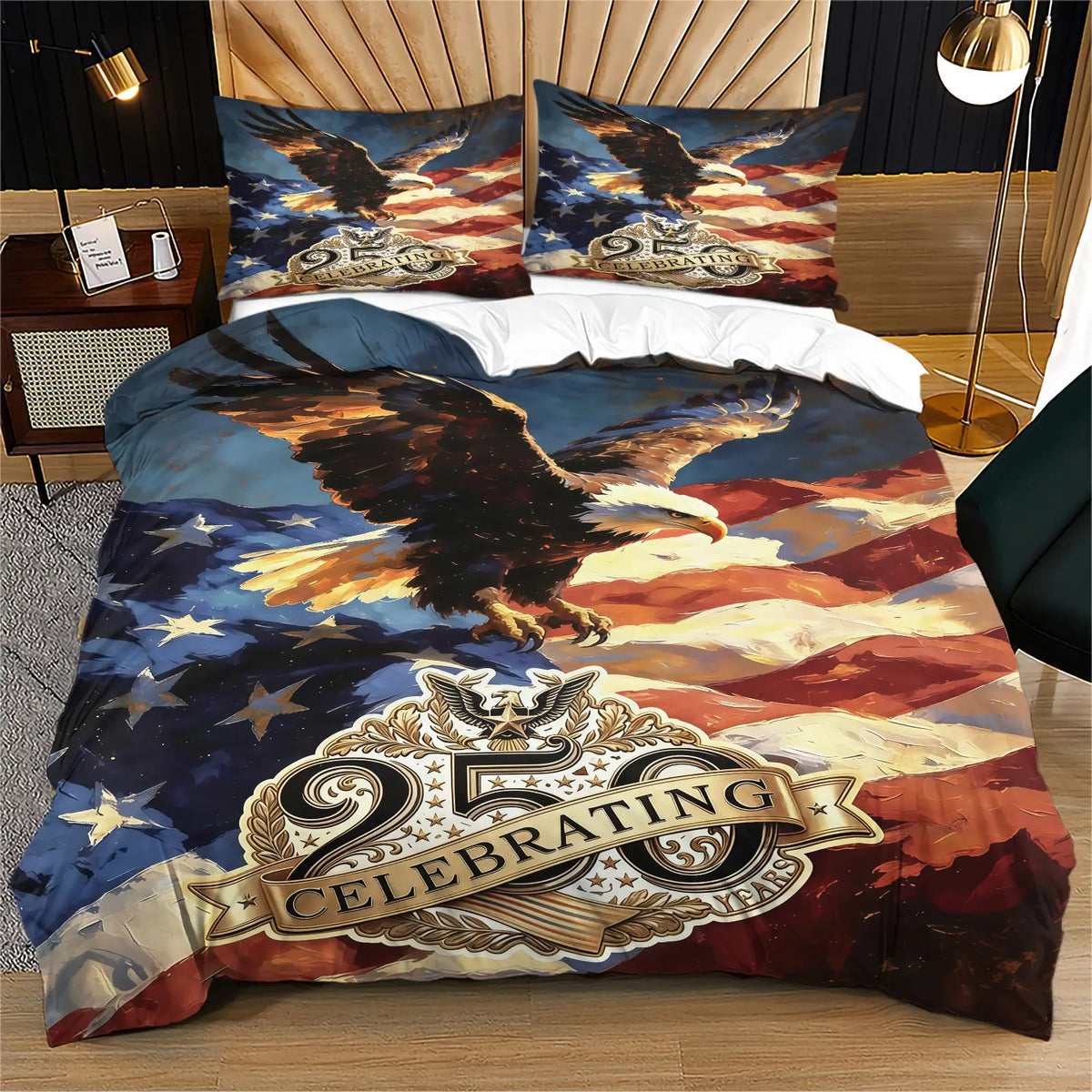 American 250th Anniversary Pattern Quilt Cover Set, Soft And Comfortable Bedding Set (1 Duvet Cover + 1/2 Pillowcase, No Filler), Suitable For Teenagers And Adults, Bedroom, Dormitory, Guest Room Scene