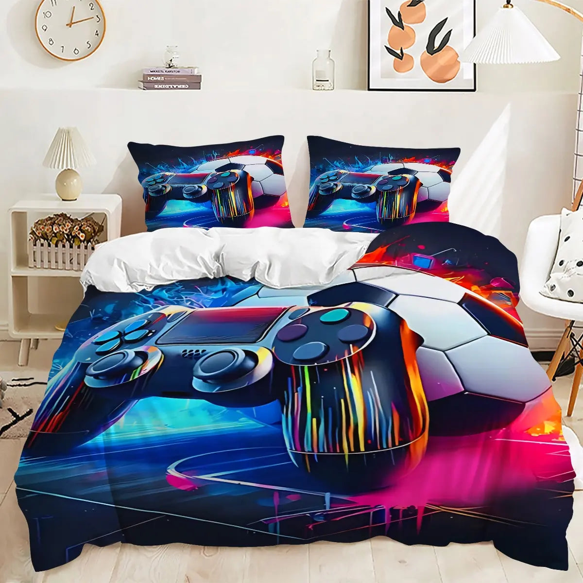 Neon Soccer Game Controller Duvet Cover Set – 2/3‑Piece Sports‑Gaming Bedding Set, Ideal for Teen Gamer Bedroom, Sports‑Esports Room, Man Cave, Game Streamer Room & Guest Room All‑Season Use, without Pillow Core