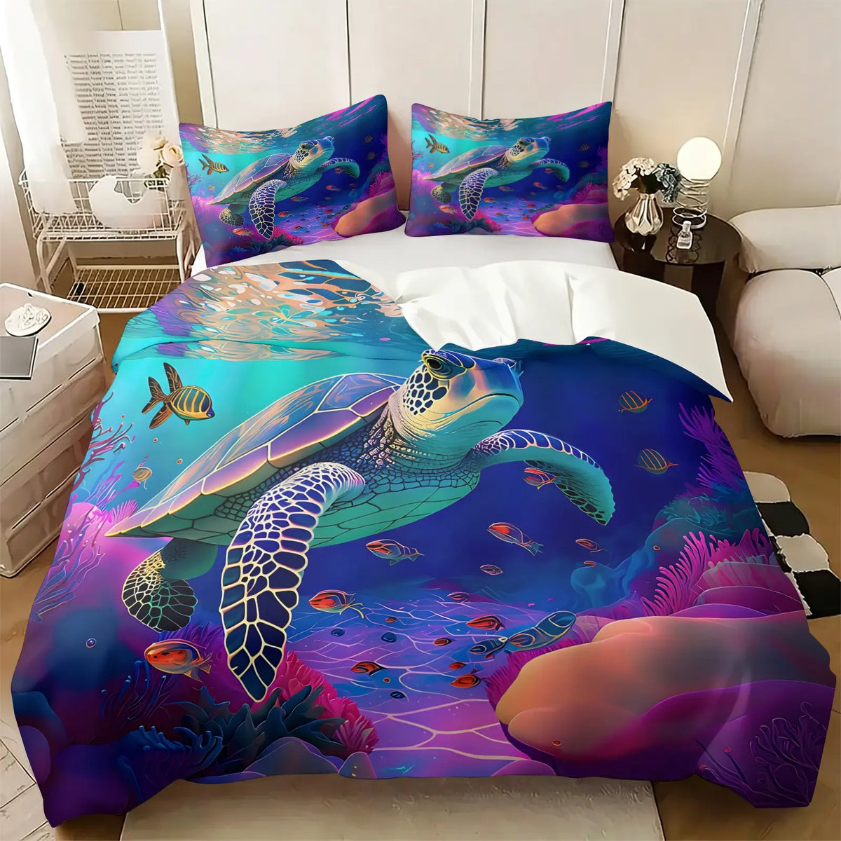 2/3Pcs Ultra Soft Polyester 2Pcs Psychedelic Neon Sea Turtle Coral Reef Duvet Cover Set Easy Care Washable Comforter Cover With Pillowcase Trendy Vibrant Ocean Pattern Home Bedding Decoration