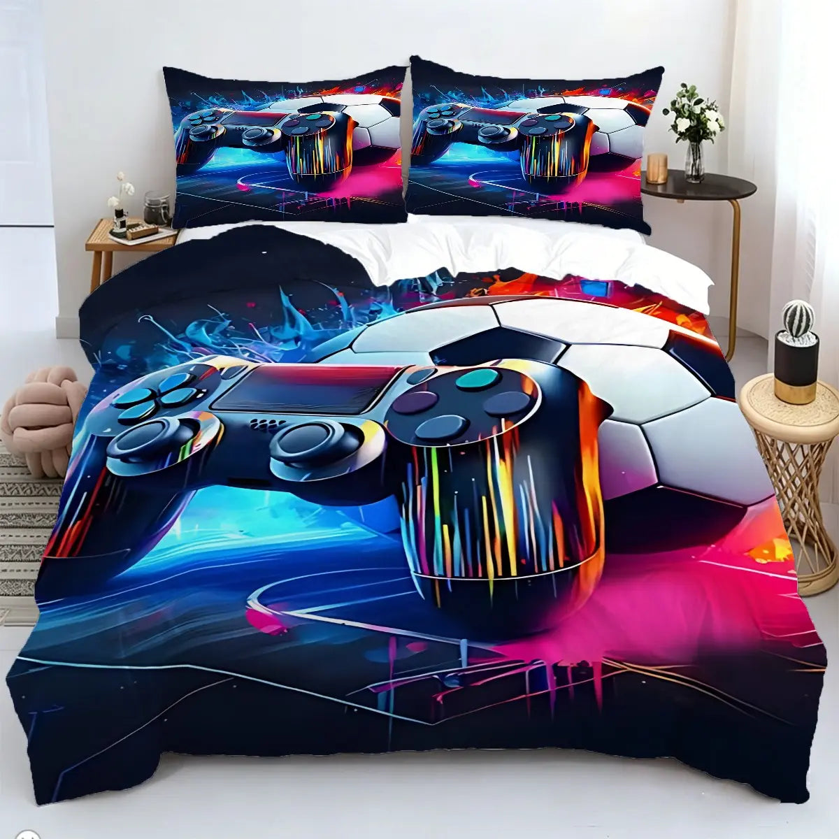 Neon Soccer Game Controller Duvet Cover Set – 2/3‑Piece Sports‑Gaming Bedding Set, Ideal for Teen Gamer Bedroom, Sports‑Esports Room, Man Cave, Game Streamer Room & Guest Room All‑Season Use, without Pillow Core