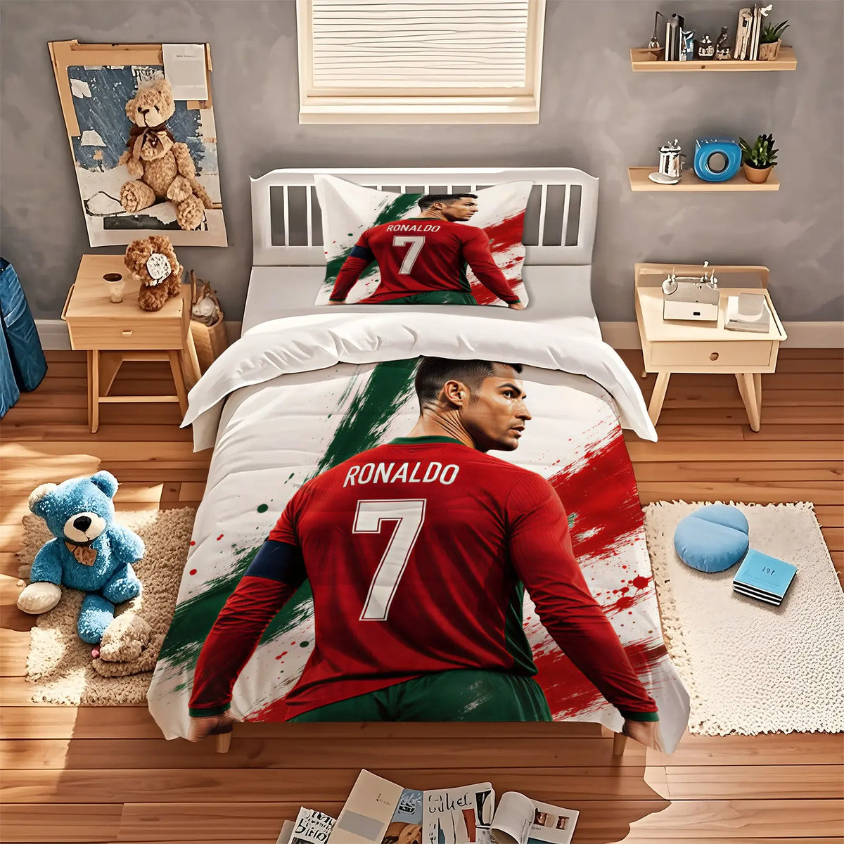 2/3Pcs Trending Soccer Star Illustration Decorative Duvet Cover Sets Theme Bedding Set, Soft Durable for Teens Sports Lovers Bedroom Dorm Decor (No Filler, No Pillow Inserts)