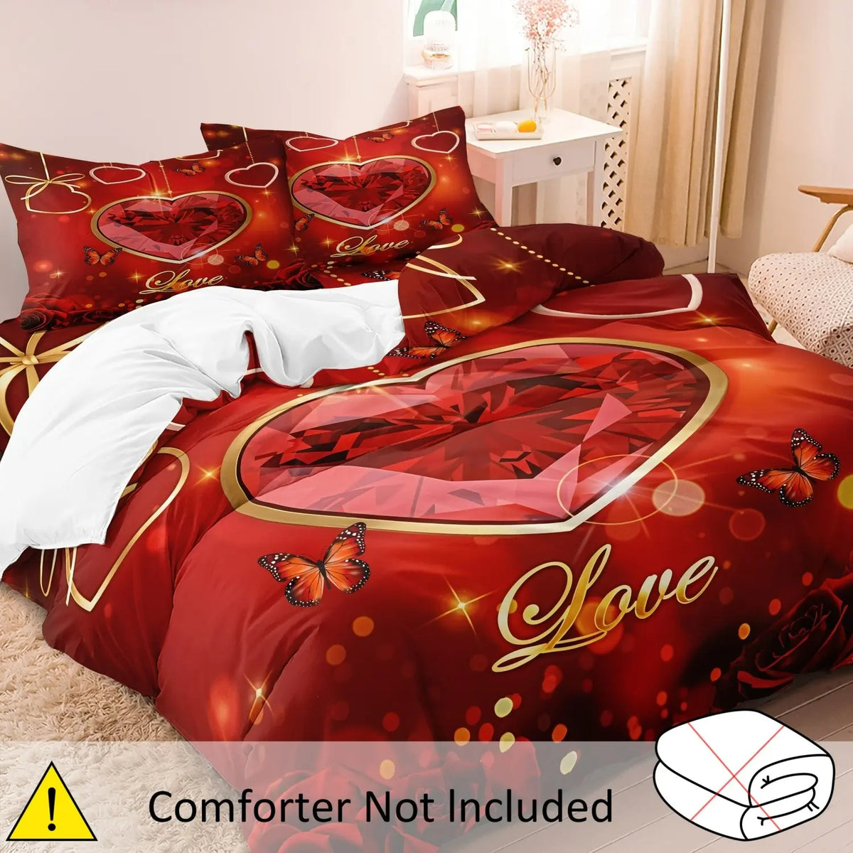 3pcs Red Heart Rose Floral Butterfly Letter Duvet Cover Set (1 Duvet Cover + 2 Pillowcases, No Comforter, No Pillow), High-Definition Print for Home and Dormitory