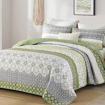 WONGS BEDDING Boho Quilt Set Queen，3 Pcs Yellow Floral Striped Bedspread