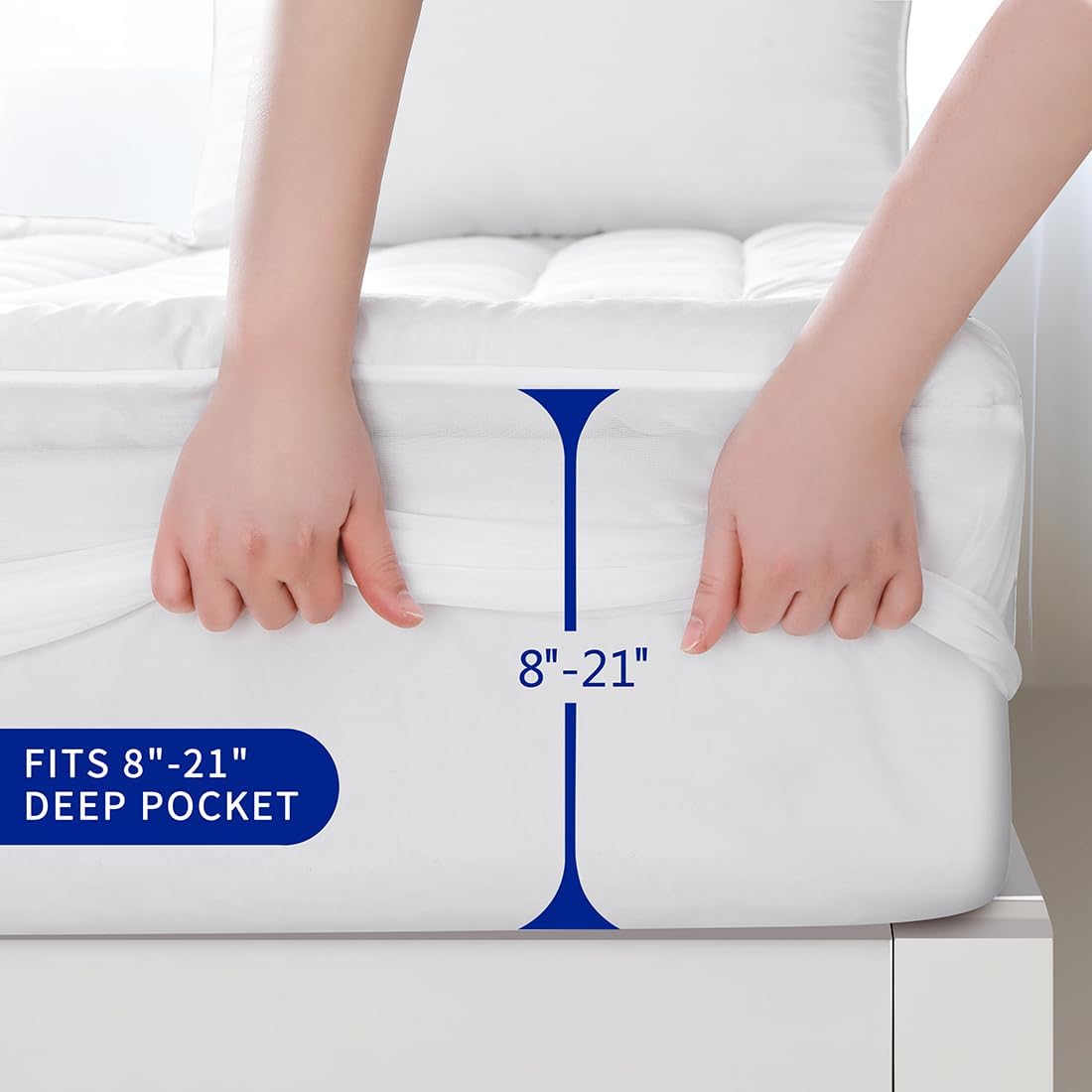 Queen Size Quilted Fitted Mattress Pad Cover with Deep Pocket Fitted 8" - 21", Ultra Soft and Comfortable, Breathable (White, Queen)