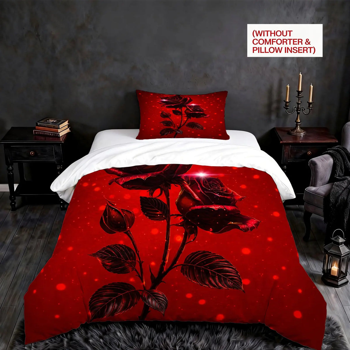 2/3Pcs Gothic Night‑Moon Red Rose Decorative Duvet Cover Set, Dark Romantic‑Style Digital Printed Bedding, No Core, Soft Machine‑Washable Quilt Cover, Perfect for Bedroom, Dorm & Gothic‑Style Enthusiasts, Ideal Home Decor Gift