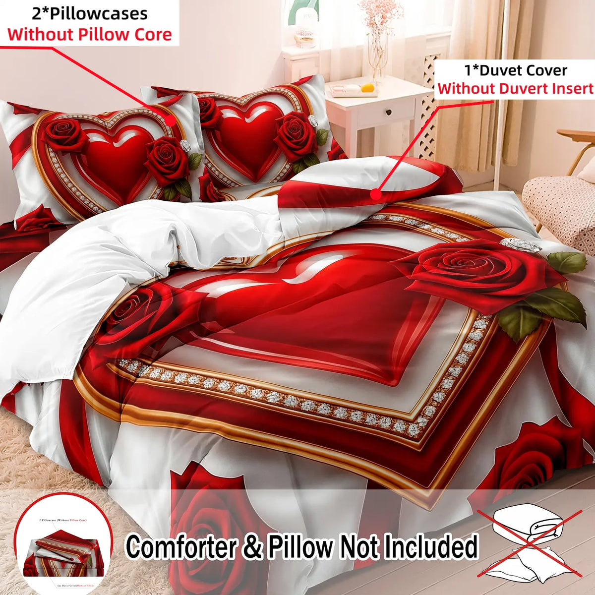 3 PCS Deep Red Rose Heart Design Duvet Cover Set, Bed Covers, Comfy Bedding Sets Decorative Bedding for Bedroom & Hotel, Holiday Gift (1 Duvet Cover + 2 Pillowcases, No Comforter, No Pillow Insert) #GLOBAL PICKS