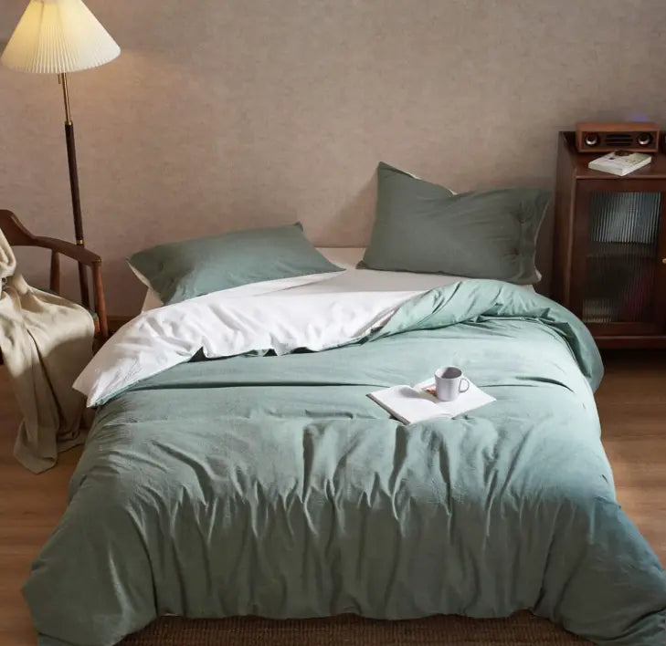 100% Washed Cotton White and Green Reversible Duvet Cover Set Queen and King Size Optional, Casual Design Soft Bedding Set 2 Pillow Cases + 1 Duvet Cover with Zipper & Corner Ties(SX-004)