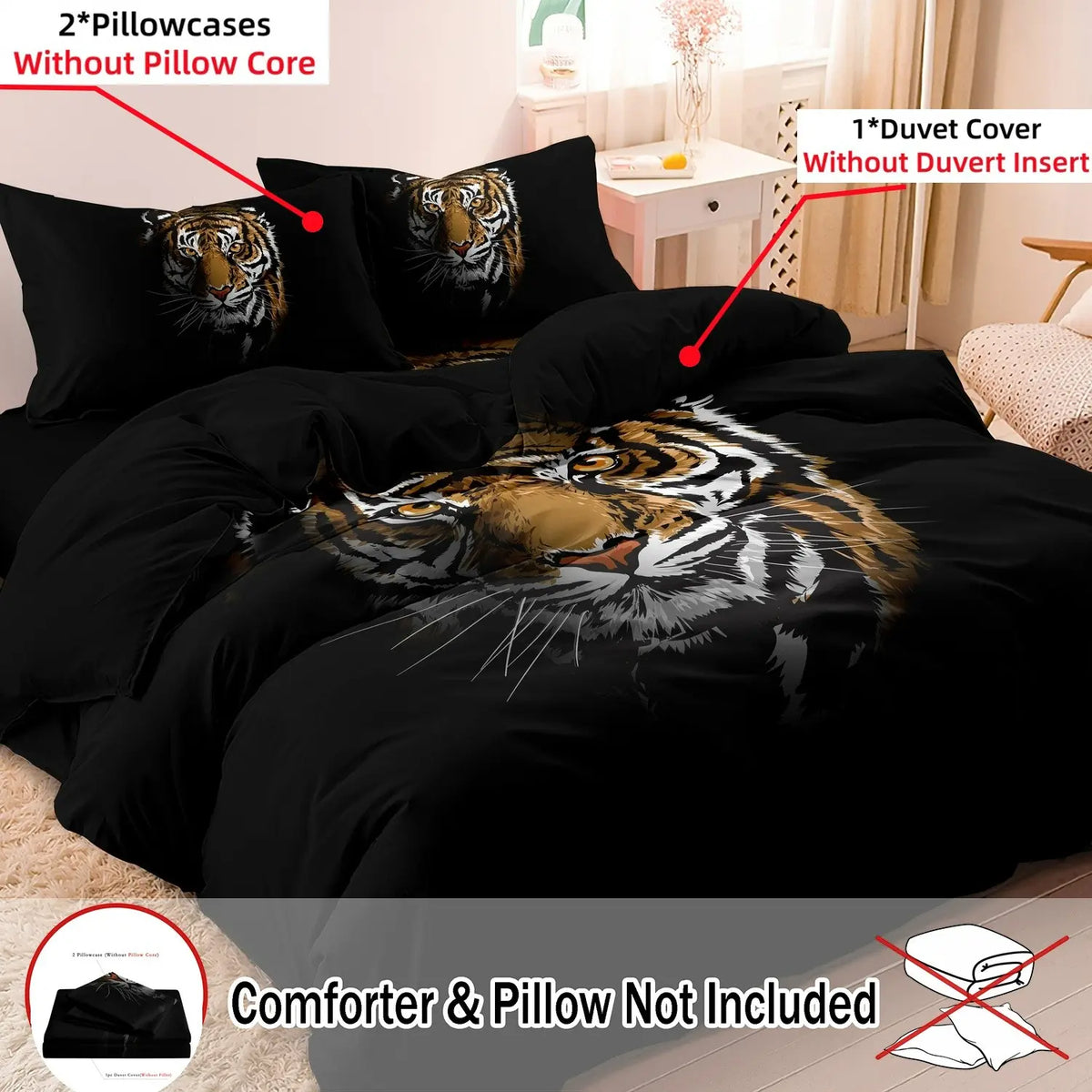 3pcs Set Fierce Animals Tiger Head Pattern Print Duvet Cover (1 Duvet Cover + 2 Pillowcases, No Comforter, No Pillow)for Home Or Dorm Bedrooms Hotels Use