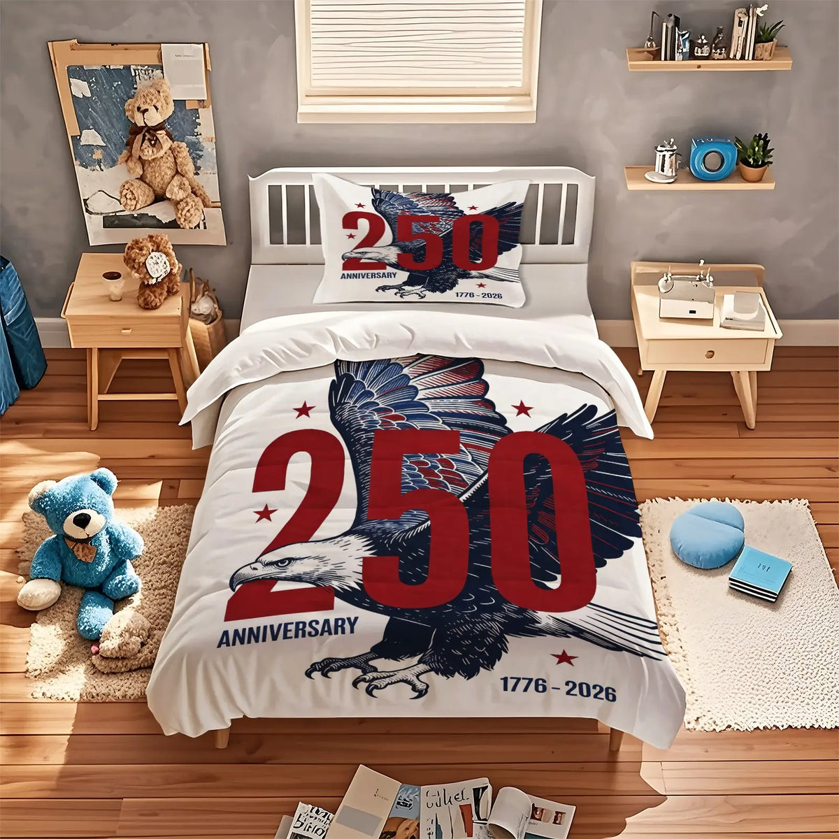 American 250th Anniversary Pattern Quilt Cover Set, Soft And Comfortable Bedding Set (1 Duvet Cover + 1/2 Pillowcase, No Filler), Suitable For Teenagers And Adults, Bedroom, Dormitory, Guest Room Scene