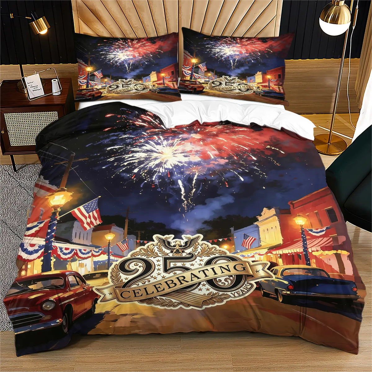 American 250th Anniversary Pattern Quilt Cover Set, Soft And Comfortable Bedding Set (1 Duvet Cover + 1/2 Pillowcase, No Filler), Suitable For Teenagers And Adults, Bedroom, Dormitory, Guest Room Scene