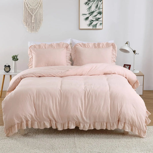 【GARVEE】Pink Ruffle Duvet Cover Queen Size, 3PCS Soft Washed Microfiber Vintage French Country Duvet Cover Set for Queen Bed, Pink, 90x90 in