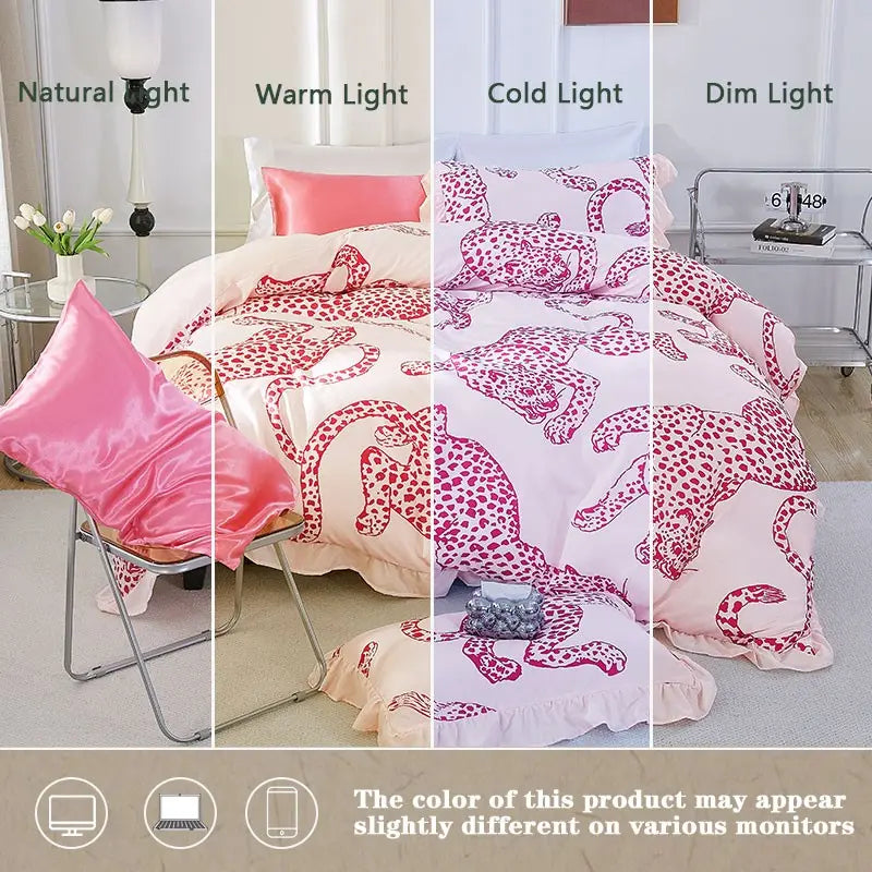 3-piece pink leopard print duvet cover set with ruffle edge, Ruffled duvet cover, breathable comfortable bedding, comes with duvet cover pillowcases, no filling, perfect for all seasons, ideal as holiday gifts