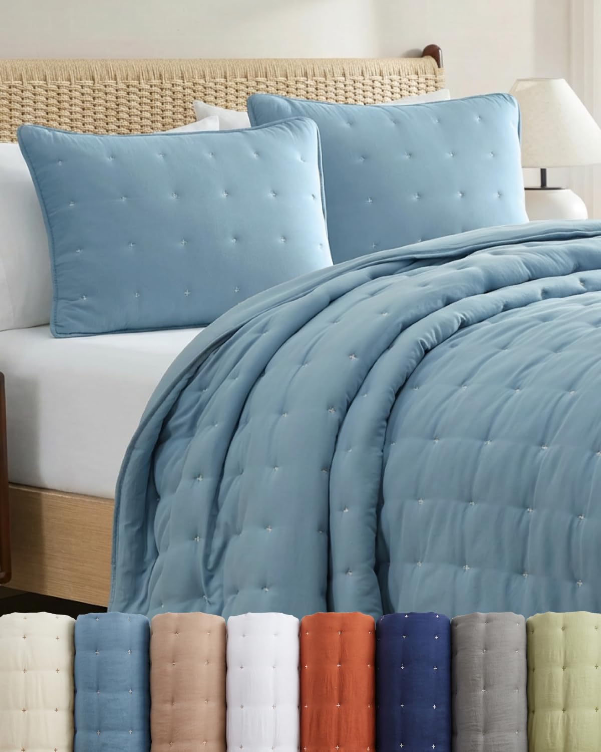 Quilt Set Queen Size - Lightweight Boho Bed Set - Dust Blue, 90" x 96"