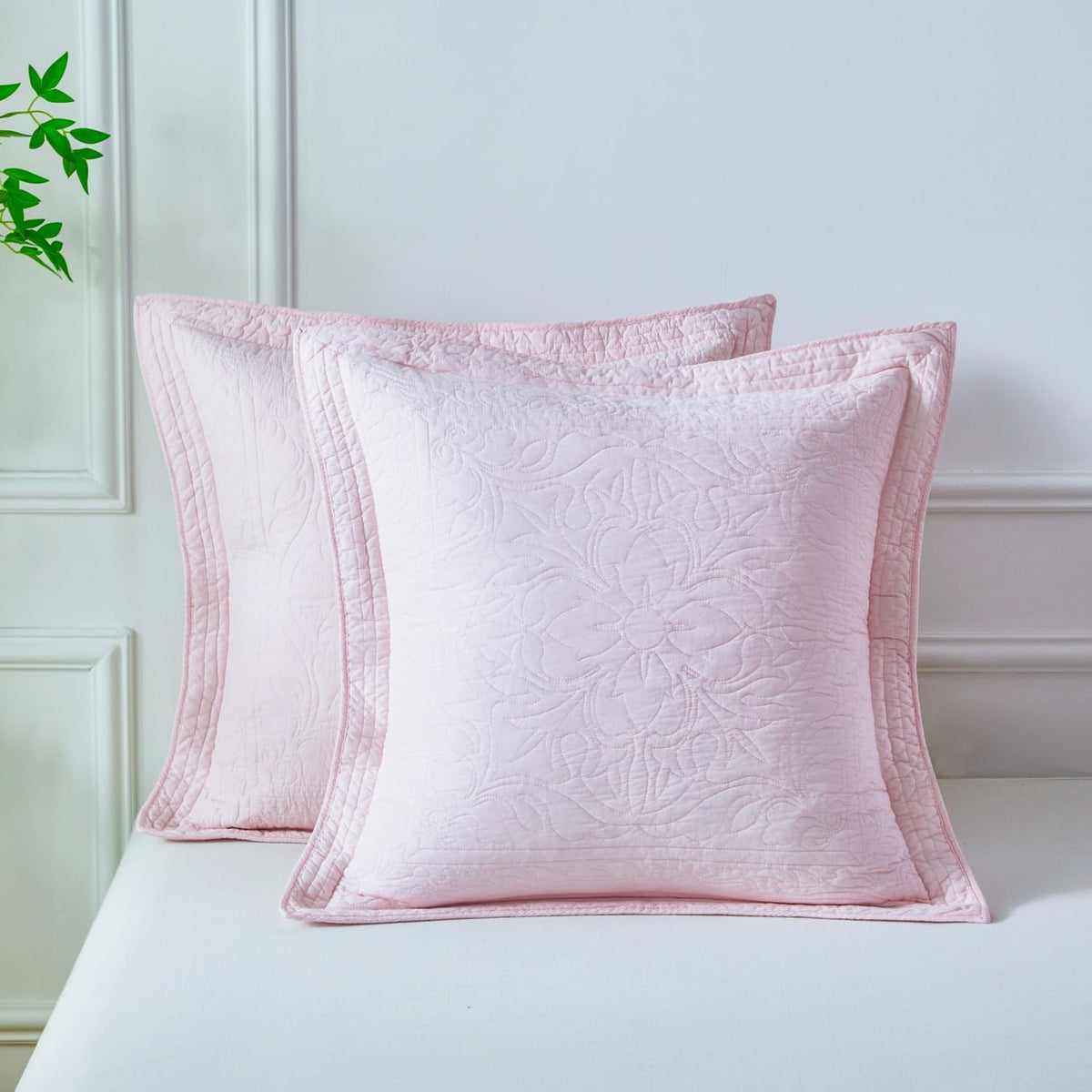 WINLIFE 100% Cotton Quilted Pillow Sham Floral Printed Pillow Cover Sage Green, Standard Size, 20 x 26 Inch