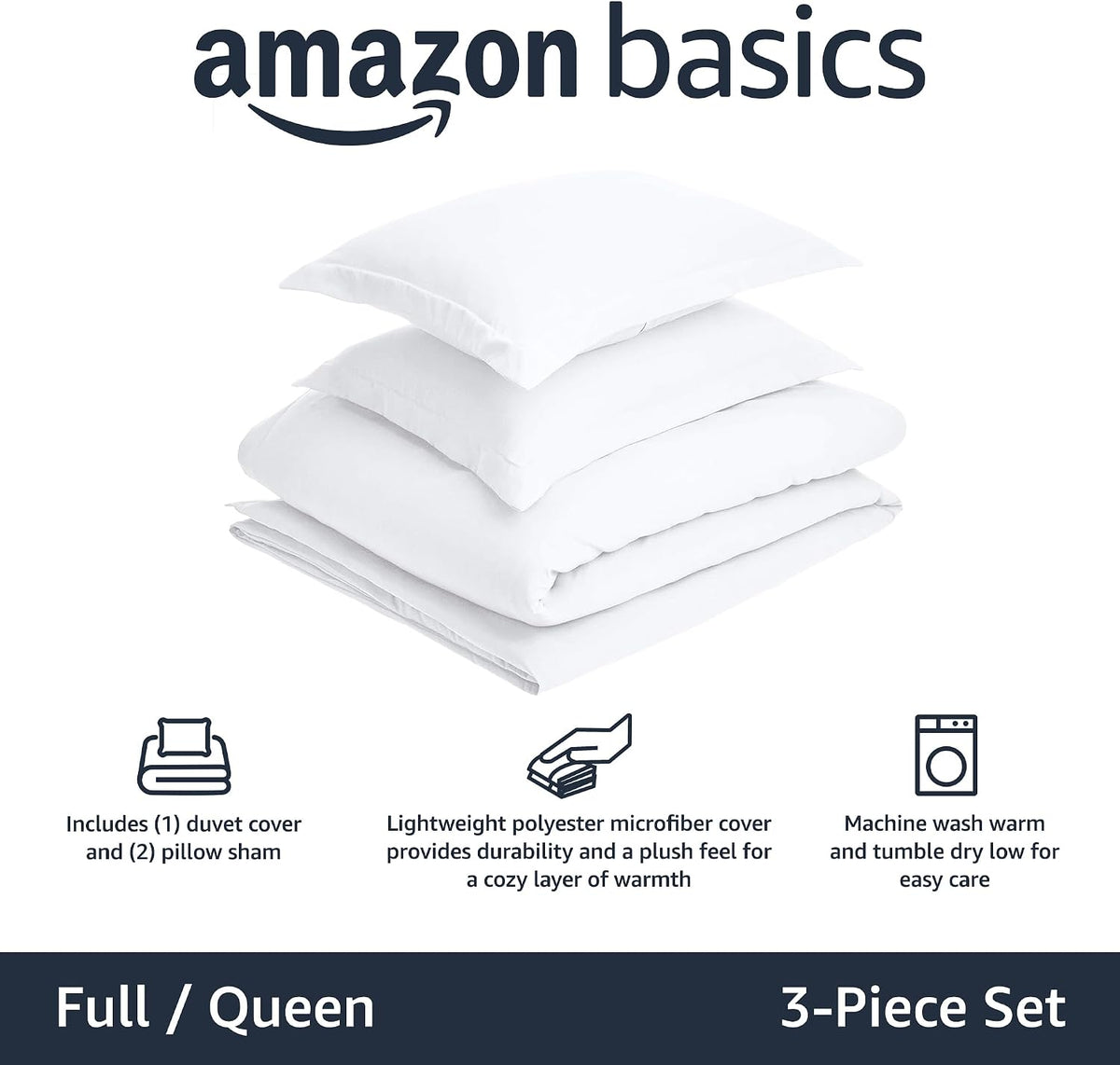 Amazon Basics Lightweight Wrinkle-Resistant Microfiber 3 Piece Duvet Cover Set with Zipper Closure, Full/Queen, Bright White Temp
