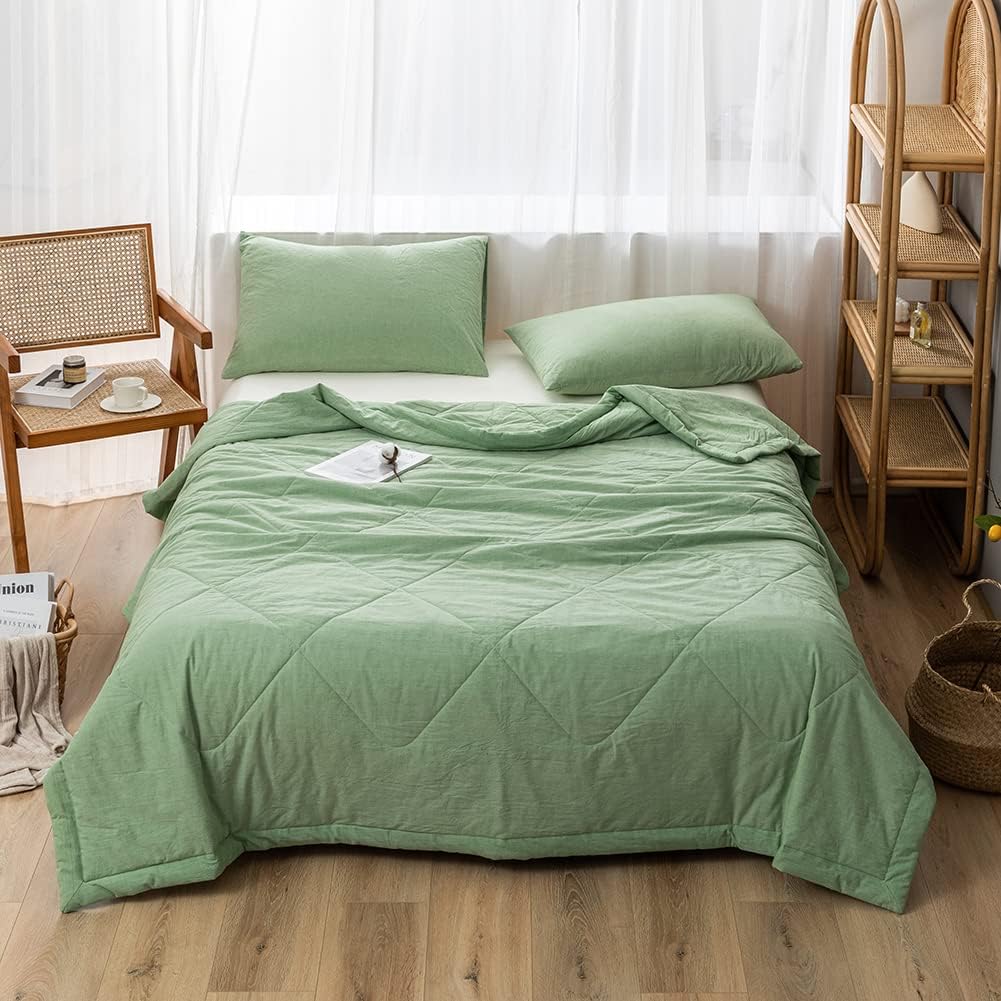 NTCOCO Summer Lightweight Comforter Set,Thin Quilt,100% Washed Cotton,Machine Washable,Soft Comfy Breathable Can Sleep Naked(Queen,Apple Green
