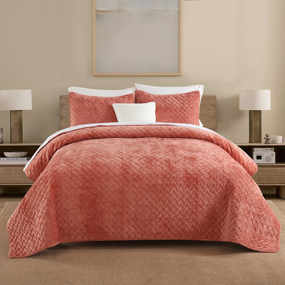 Liians Velvet Bedspread Quilt Coverlet Bedding Sets Full Queen Size, Pink