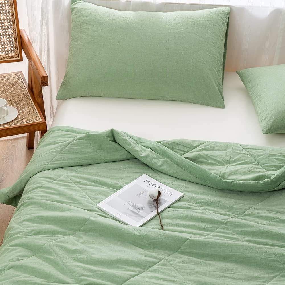 NTCOCO Summer Lightweight Comforter Set,Thin Quilt,100% Washed Cotton,Machine Washable,Soft Comfy Breathable Can Sleep Naked(Queen,Apple Green