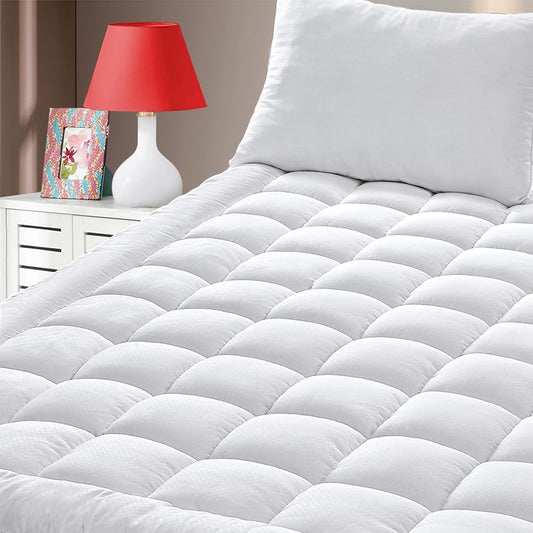 Queen Size Quilted Fitted Mattress Pad Cover with Deep Pocket Fitted 8" - 21", Ultra Soft and Comfortable, Breathable (White, Queen)