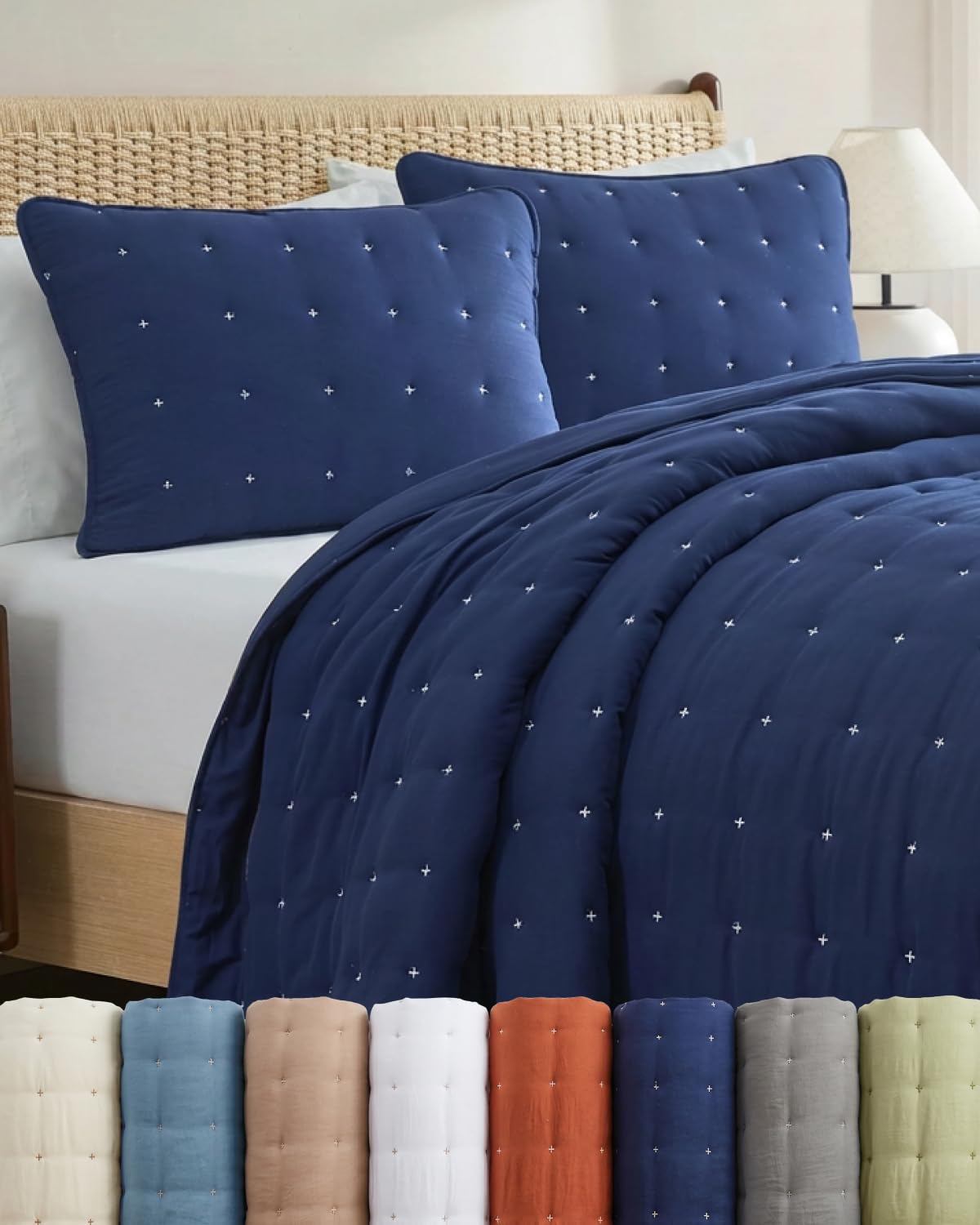 Quilt Set Queen Size - Lightweight Boho Bed Set - Dust Blue, 90" x 96"