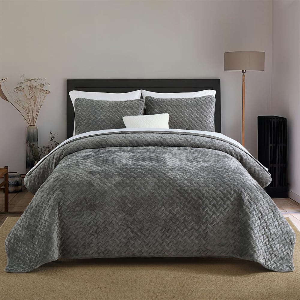 Liians Velvet Bedspread Quilt Coverlet Bedding Sets Full Queen Size, Pink