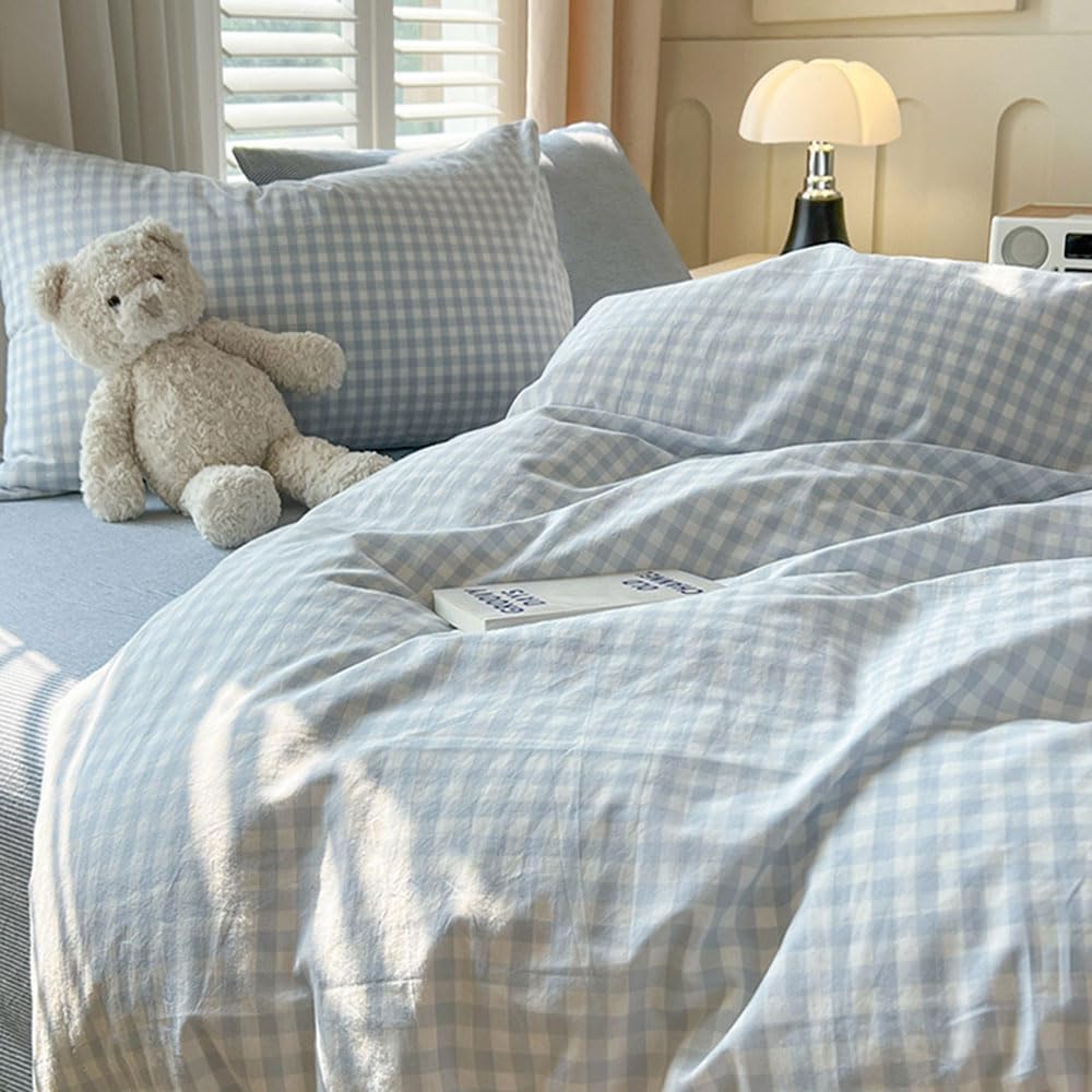 Nayoroom Gingham Duvet Cover Set Queen Blue White Plaid Checkered Bedding