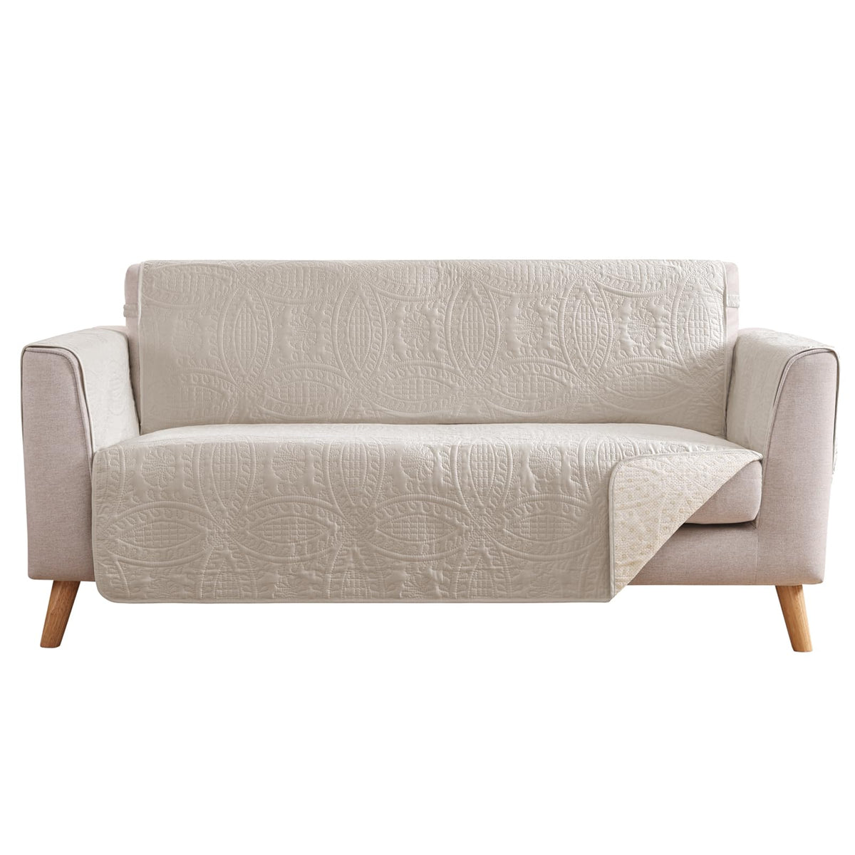 Soft Quilted Couch Cover with Pockets for Extra-Large Sofa, Anti-Slip Sofa Covers Washable for 3 Cushion Pet Friendly Medallion Oversized Sofa Cover Water-Repellent (X-Large Sofa 78", Ivory White)