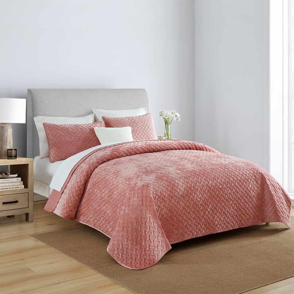 Liians Velvet Bedspread Quilt Coverlet Bedding Sets Full Queen Size, Pink