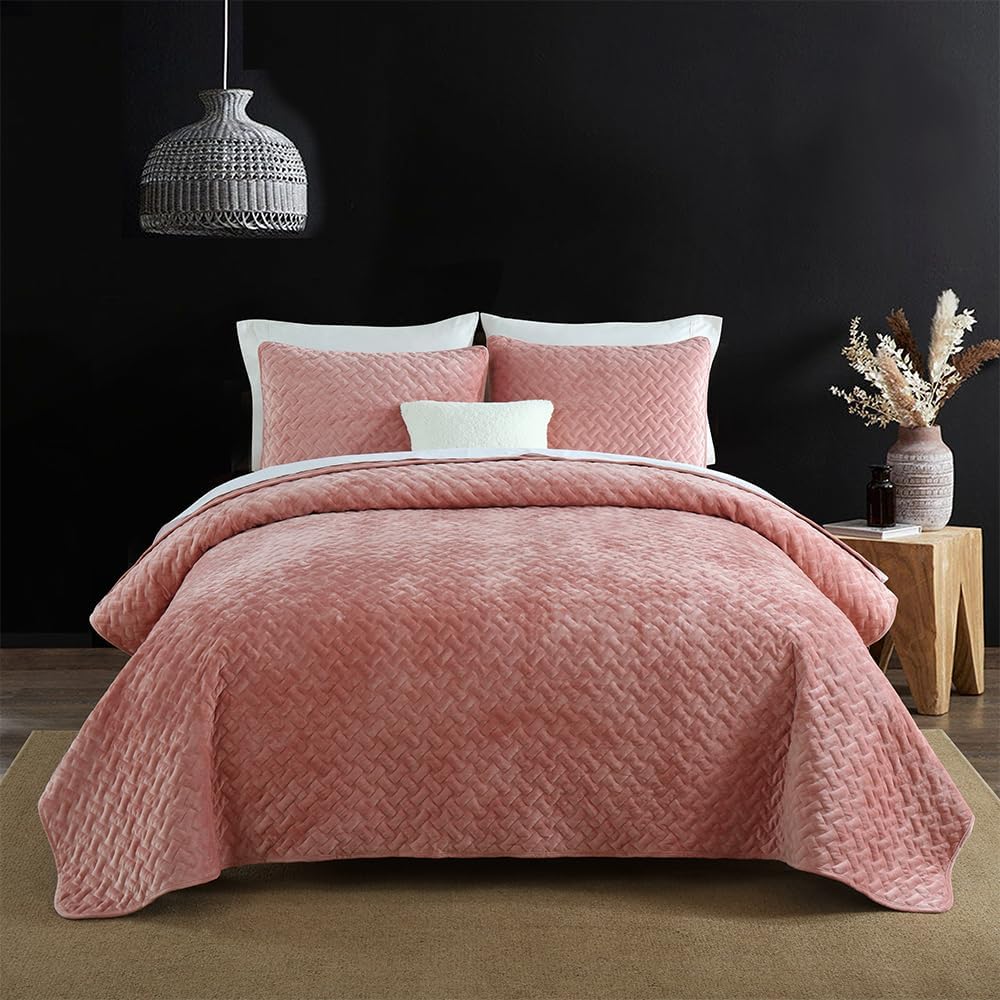Liians Velvet Bedspread Quilt Coverlet Bedding Sets Full Queen Size, Pink
