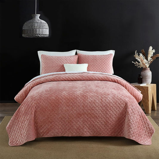 Liians Velvet Bedspread Quilt Coverlet Bedding Sets Full Queen Size, Pink