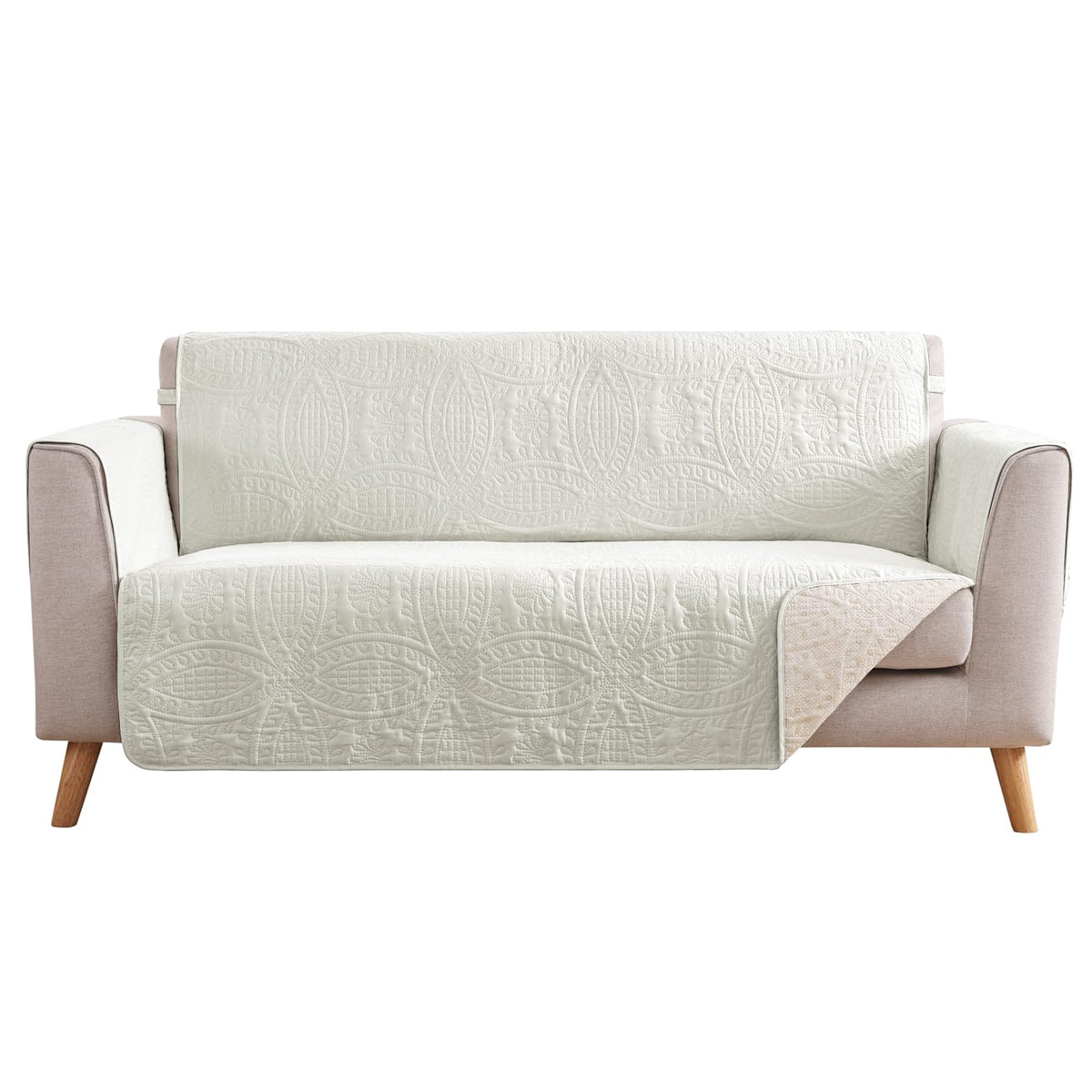 Soft Quilted Couch Cover with Pockets for Extra-Large Sofa, Anti-Slip Sofa Covers Washable for 3 Cushion Pet Friendly Medallion Oversized Sofa Cover Water-Repellent (X-Large Sofa 78", Ivory White)
