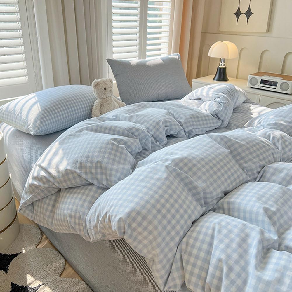 Nayoroom Gingham Duvet Cover Set Queen Blue White Plaid Checkered Bedding