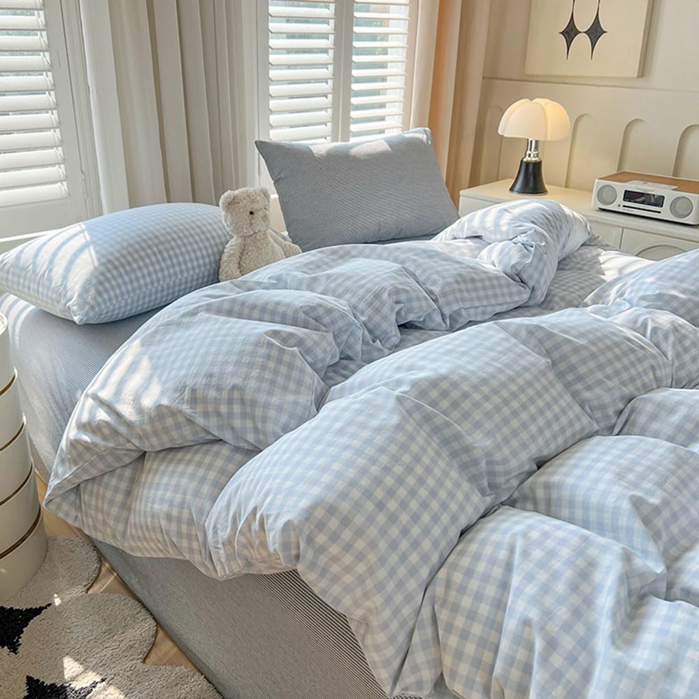 Nayoroom Gingham Duvet Cover Set Queen Blue White Plaid Checkered Bedding