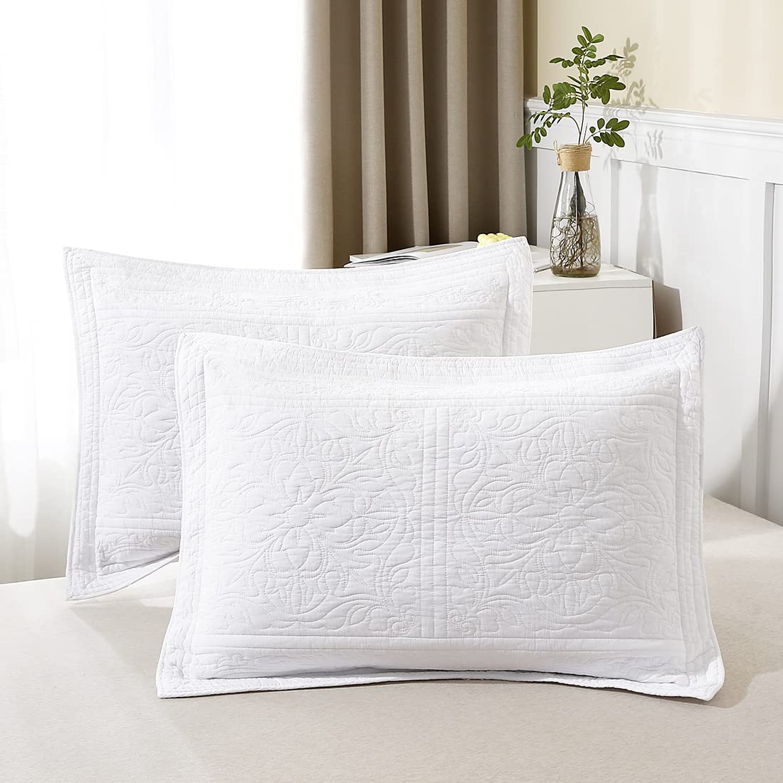 WINLIFE 100% Cotton Quilted Pillow Sham Floral Printed Pillow Cover Sage Green, Standard Size, 20 x 26 Inch
