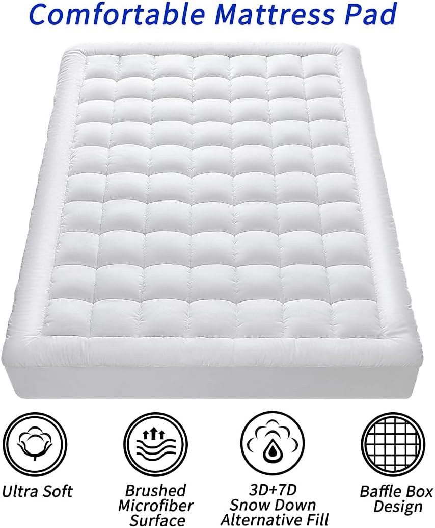 Queen Size Quilted Fitted Mattress Pad Cover with Deep Pocket Fitted 8" - 21", Ultra Soft and Comfortable, Breathable (White, Queen)