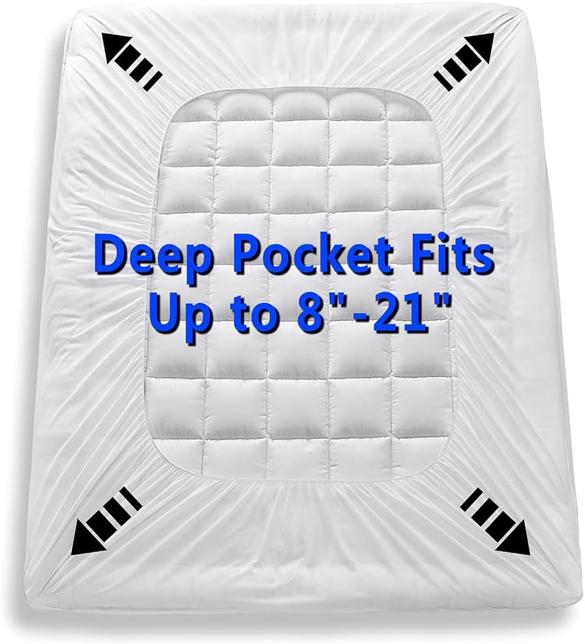 Queen Size Quilted Fitted Mattress Pad Cover with Deep Pocket Fitted 8" - 21", Ultra Soft and Comfortable, Breathable (White, Queen)