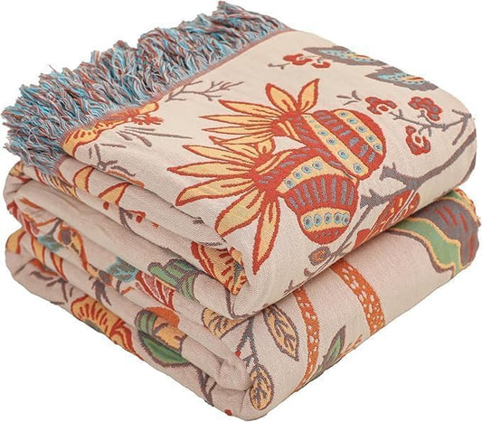 Floral Rustic Large Boho Throw Blanket 90"x98" Orange&Sage Green