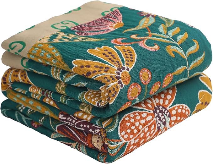 Floral Rustic Large Boho Throw Blanket 90"x98" Orange&Sage Green