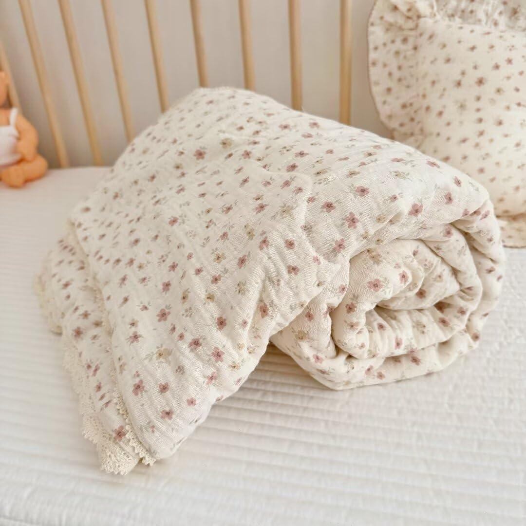 BuLuTu Shabby Chic Floral Quilt for Full Size Bed Blankets Muslin Cotton Summer Quilts Lightweight Soft Kids Comforter for Girls Teens Azalea Pattern, 79"x90", 3.9 Pounds, No Pillowcases