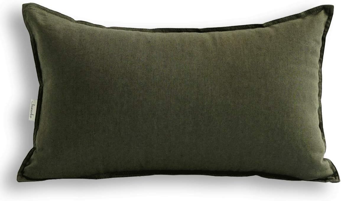 Jeanerlor Cotton Linen Square Decorative Throw Pillow Case Cushion Cover with Twin Needles Stitch on Edge,for Wedding Party Gift Car 12"x20"(30 x 50cm), Olive Green