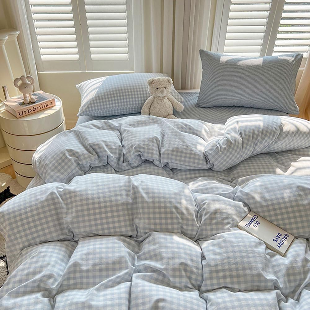 Nayoroom Gingham Duvet Cover Set Queen Blue White Plaid Checkered Bedding