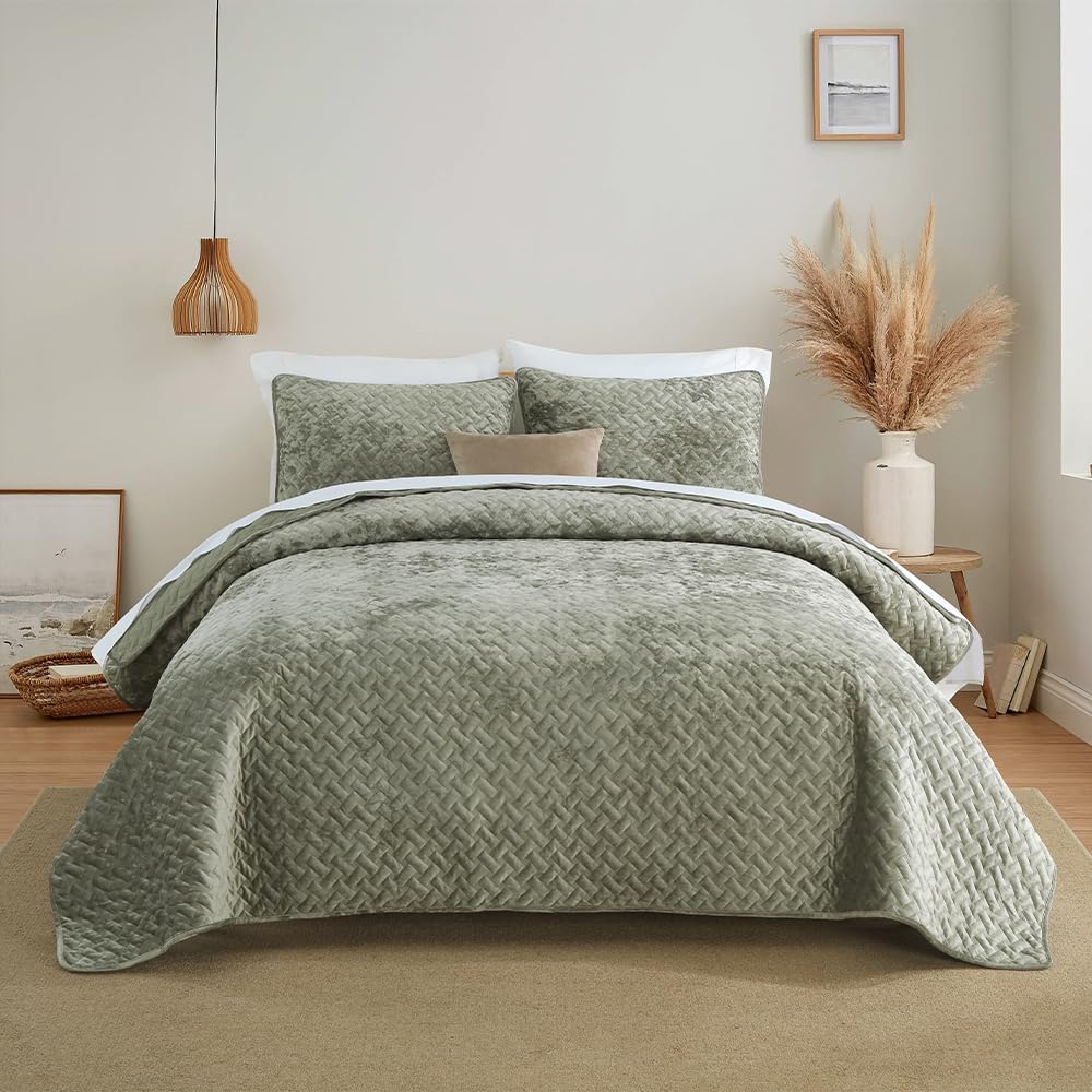 Liians Velvet Bedspread Quilt Coverlet Bedding Sets Full Queen Size, Pink