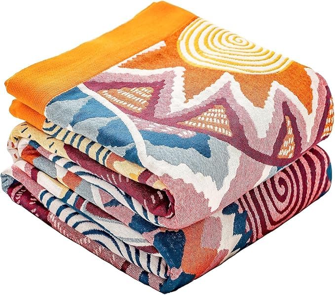 Floral Rustic Large Boho Throw Blanket 90"x98" Orange&Sage Green
