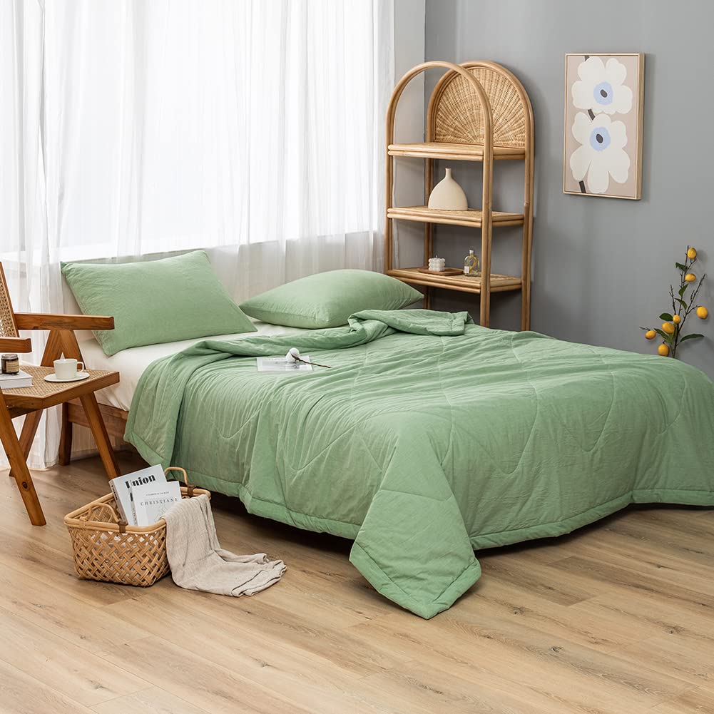 NTCOCO Summer Lightweight Comforter Set,Thin Quilt,100% Washed Cotton,Machine Washable,Soft Comfy Breathable Can Sleep Naked(Queen,Apple Green
