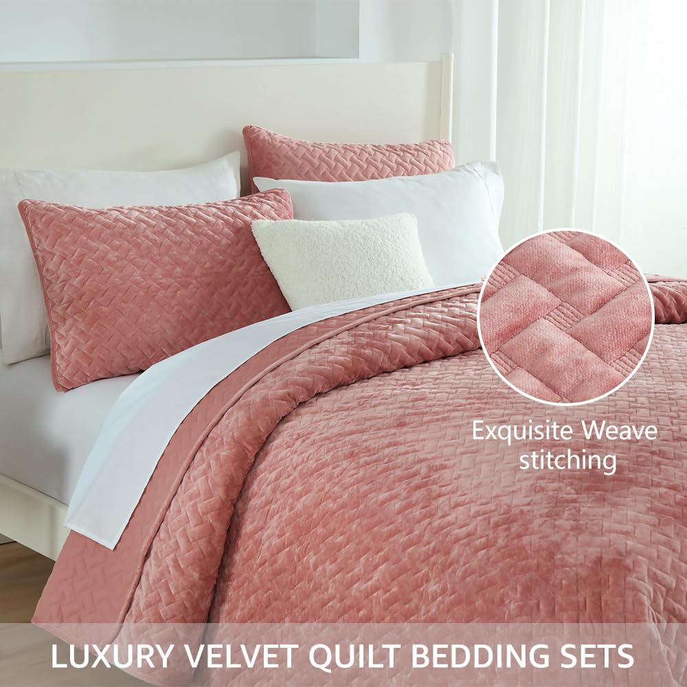 Liians Velvet Bedspread Quilt Coverlet Bedding Sets Full Queen Size, Pink