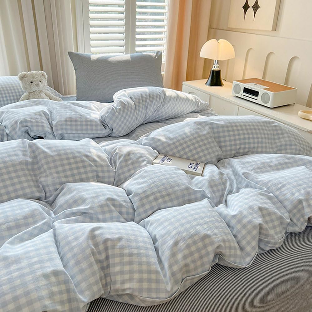 Nayoroom Gingham Duvet Cover Set Queen Blue White Plaid Checkered Bedding
