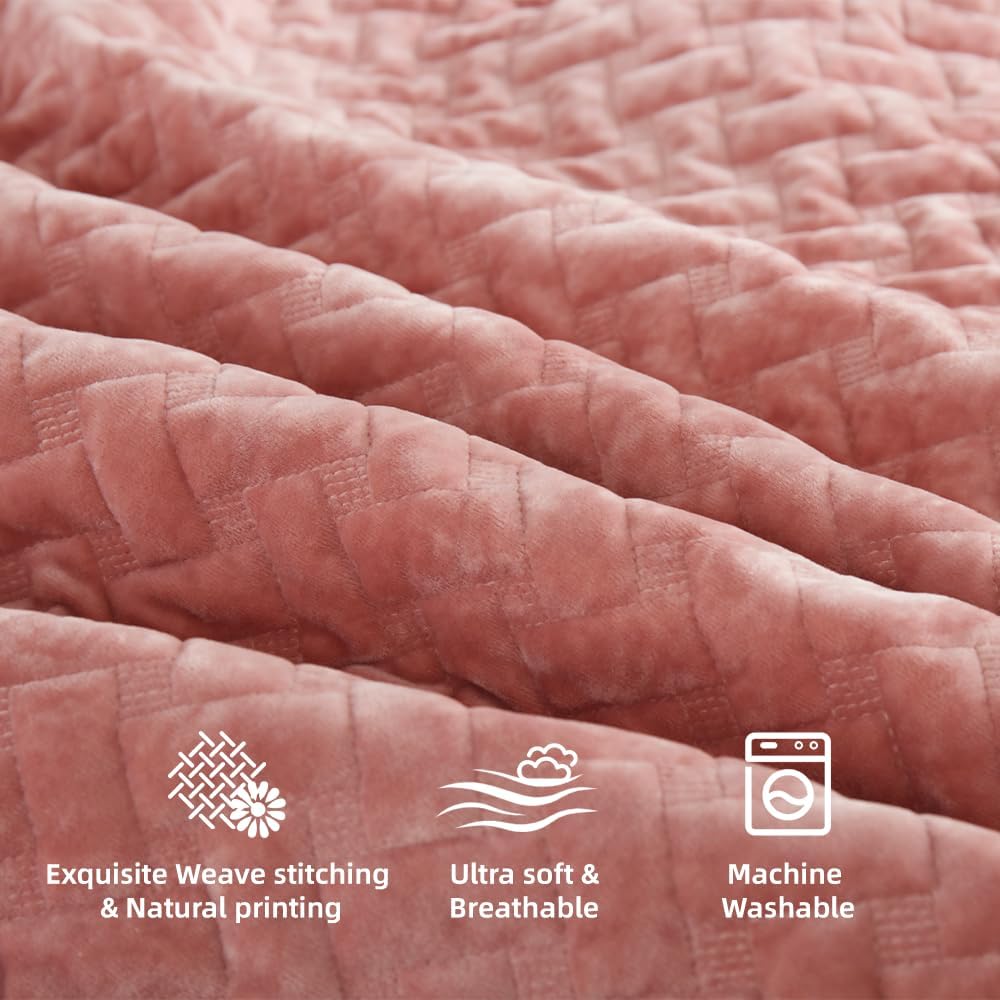 Liians Velvet Bedspread Quilt Coverlet Bedding Sets Full Queen Size, Pink
