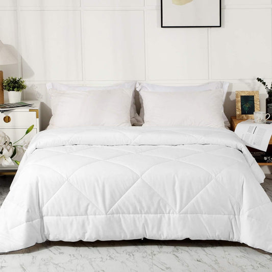 2026 Premium Upgraded Non-Vacuum Bed Quilt All Seasons 100% Cotton Filled Comforter - Reversible Lightweight Soft Breathable Fluffy (Pure White, Twin)