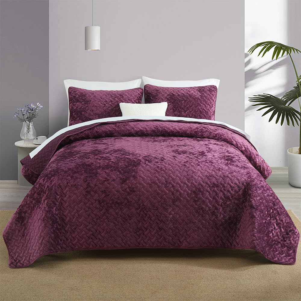 Liians Velvet Bedspread Quilt Coverlet Bedding Sets Full Queen Size, Pink