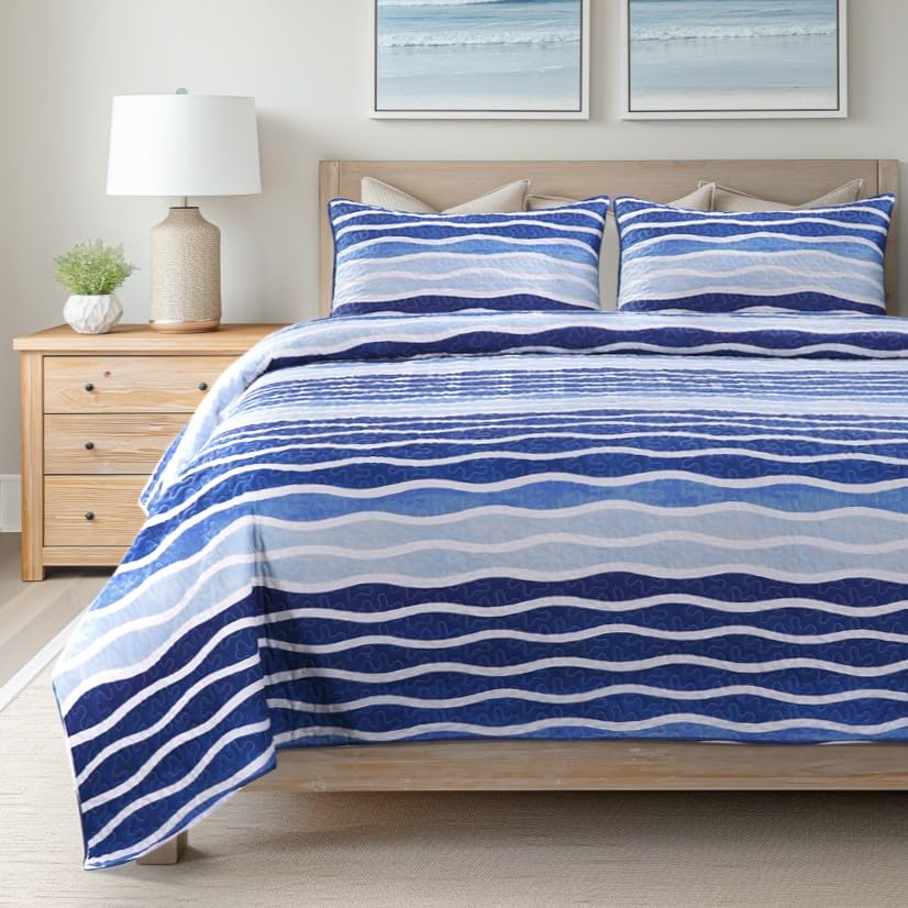 SLPR - Coastal Nautical Fish Quilt Set, Queen with 2 Shams, Lake Bedding